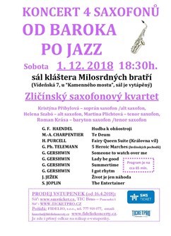 Od baroka po jazz pro 4 saxofony - koncert Brno -Sál Milosrdných bratří, Vídeňská 7, Brno