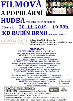 Filmová a populární hudba s Aristo Quartetem- Brno -KD Rubín, Makovského náměstí , Brno