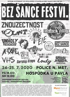 Bez Šance Fest VI.- Police nad Metují- Znozecnost, zakázanÝovoce, E!E, Volant a další-  punk-rock, ska, rockabilly, hardcore -Hospůdka U Pavla, Žděřina, Police nad Metují