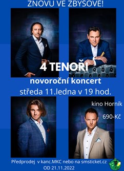 4 TENOŘI - novoroční koncert- Zbýšov -Kino Horník, Masarykova 582, Zbýšov